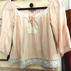 Crave Fame Almost Famous Pink and White Lace Peasant Boho Top Blouse Sz S